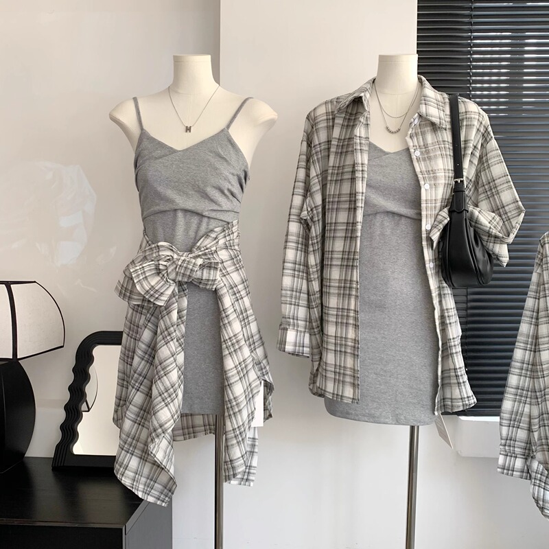 Gray plaid sun protection shirt for women, thin summer new Korean style loose casual cardigan jacket top wholesale Gray plaid sun protection shirt for women, thin summer new Korean style loose casual cardigan jacket top wholesale