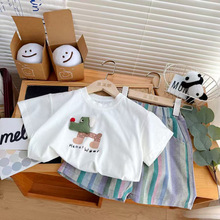 男女童短袖T恤套装夏季新款中小童洋气上衣宝宝条纹短裤两件套潮