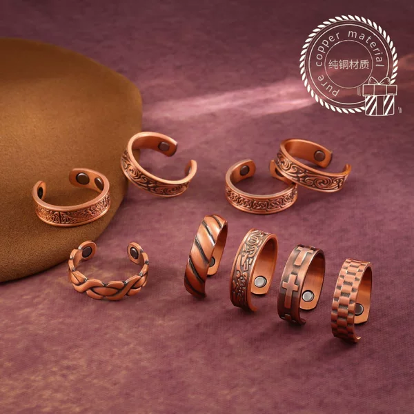 Cross-Border Hot-Selling Copper-Plated Antique Red Copper Ring with Creative Patterns, Magnetic Retro Fashion Ring with a High-End Feel, Open-Ended Ring
