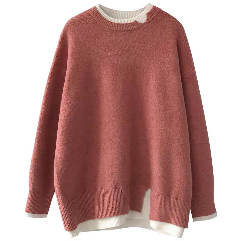 GraceChic GraceChic GraceChic 2021 Two-Piece Knitted Autumn Winter New Korean Version Age-Reducing Loose Soft Casual Color-Block Sweater Coat For_voghion.com