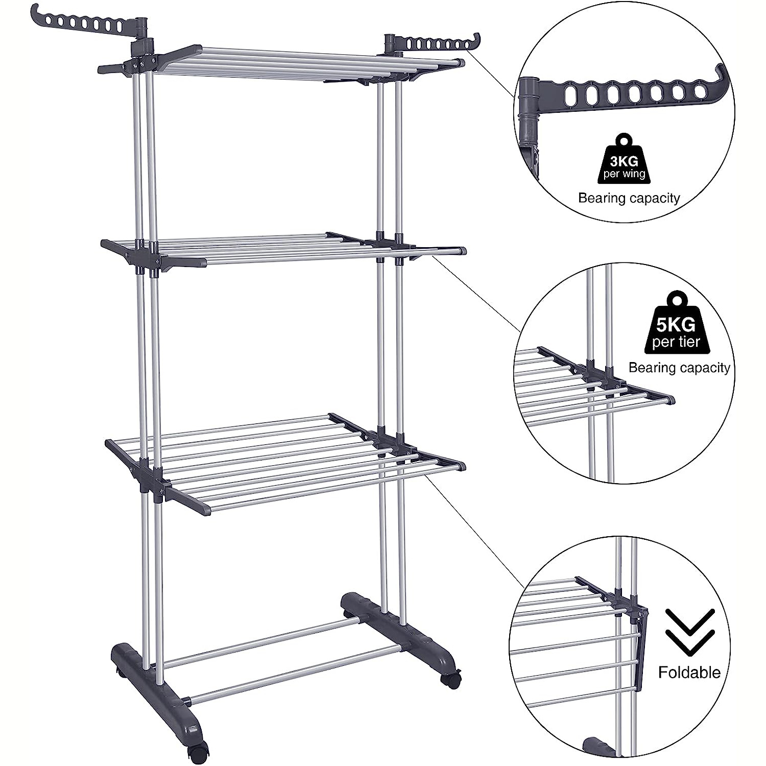 Rack de secado de ropa 4 capas toallas plegables ahorro de espacio Rack de secado de ropa con ruedas Rack de secado