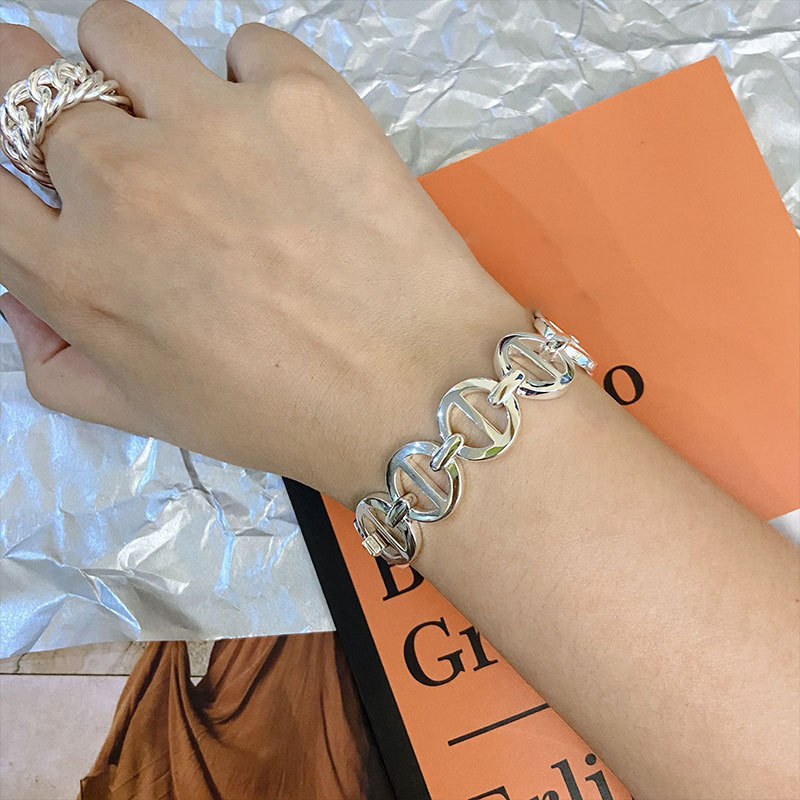 Korean Stitching Bracelet Women's ins925 Sterling Silver Niche Pig Nose H Snap Hollow Shape Bracelet Fashion Light Luxury