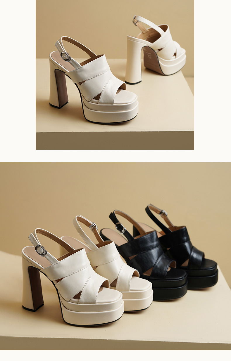 Giày sandal cao gót nữ hở mũi đế dày da dê quai một chữ gót vuông phong cách Âu Mỹ — đen chi tiết 9