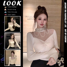法式半高领重工钉珠针织衫女秋冬性感上衣蕾丝打底衫内搭白毛衣潮