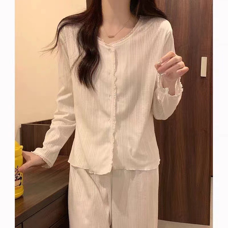 Simple Pajamas with Breast Pads, Spring and Autum Korean Style Sweet Casual Cardigan Long-Sleeved Girls Can Wear Outside Home Clothes Set