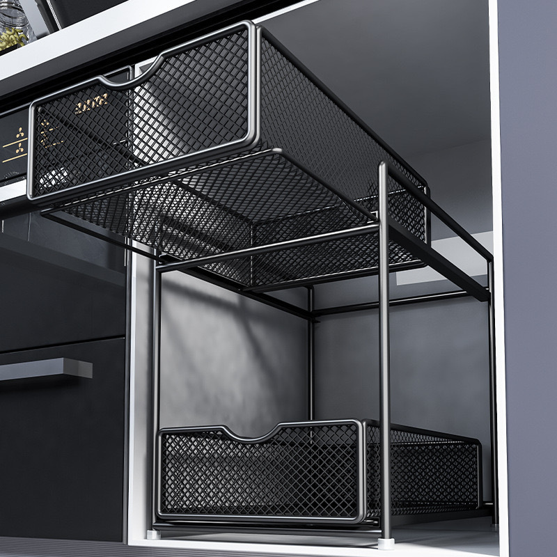 Kitchen Pull-Out Storage Rack, Layered Rack in the Cabinet, a Complete Collection of Various Artifacts, Double-Layer Drain Cabinet Storage Basket