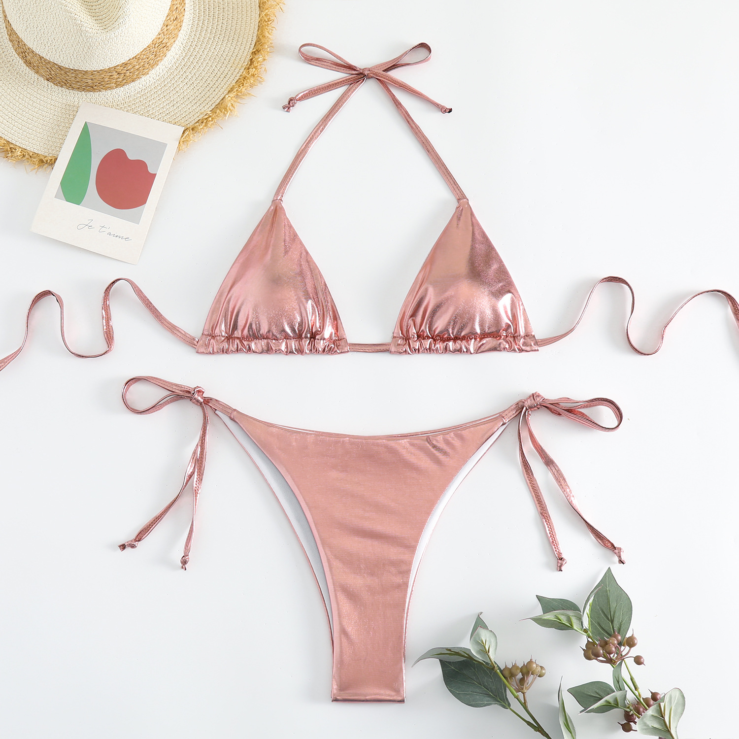 92g Weight Sexy Feel Of Sensation Bikini Panties Style Polyester Fabric Type 2 Pieces Set Quantity Swimming Pool, Beach Occasion Solid Color Pattern Women's Gender Women's Solid Color 2 Pieces Set Bikinis Swimwear 无