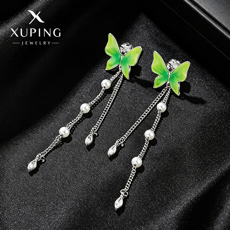 Xuping primavera Fairy Gote series de aceite verde imitación de perlas mariposa pendientes de dos orejetas de temperamento para mujeres