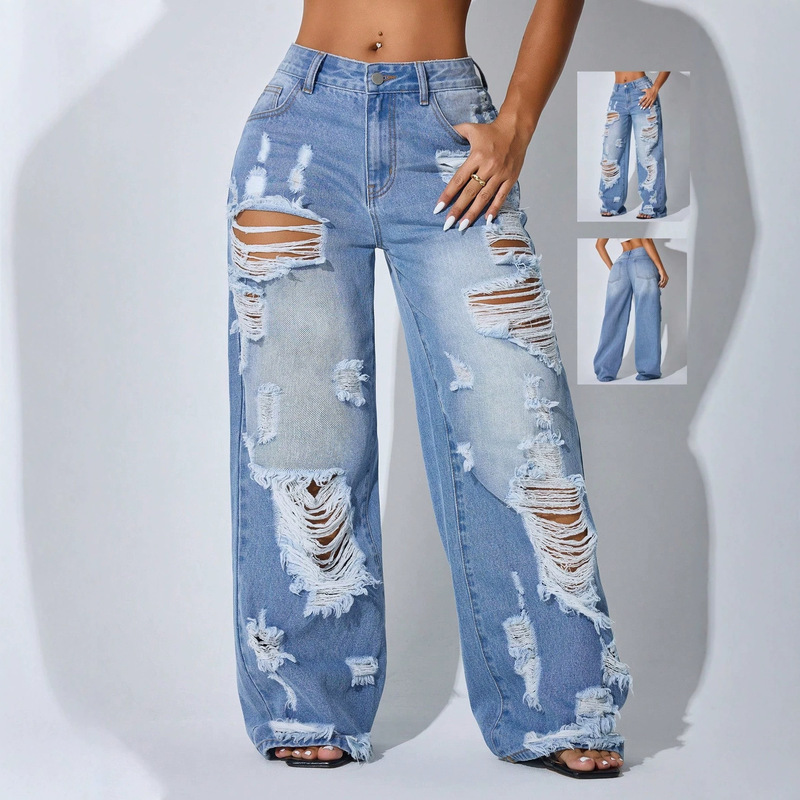European and American style ripped wide-leg jeans for women, high-waisted, washed, frayed hem, floor-length, street style, vintage, slimming, distressed straight-leg