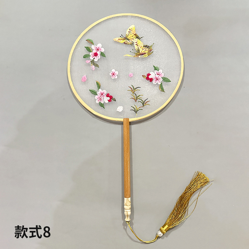 Abanico de grupo bordado Abanico redondo clásico Abanico de palacio Hanfu chino Estilo antiguo Mango largo Borla Cheongsam Ventilador de baile de seda transparente