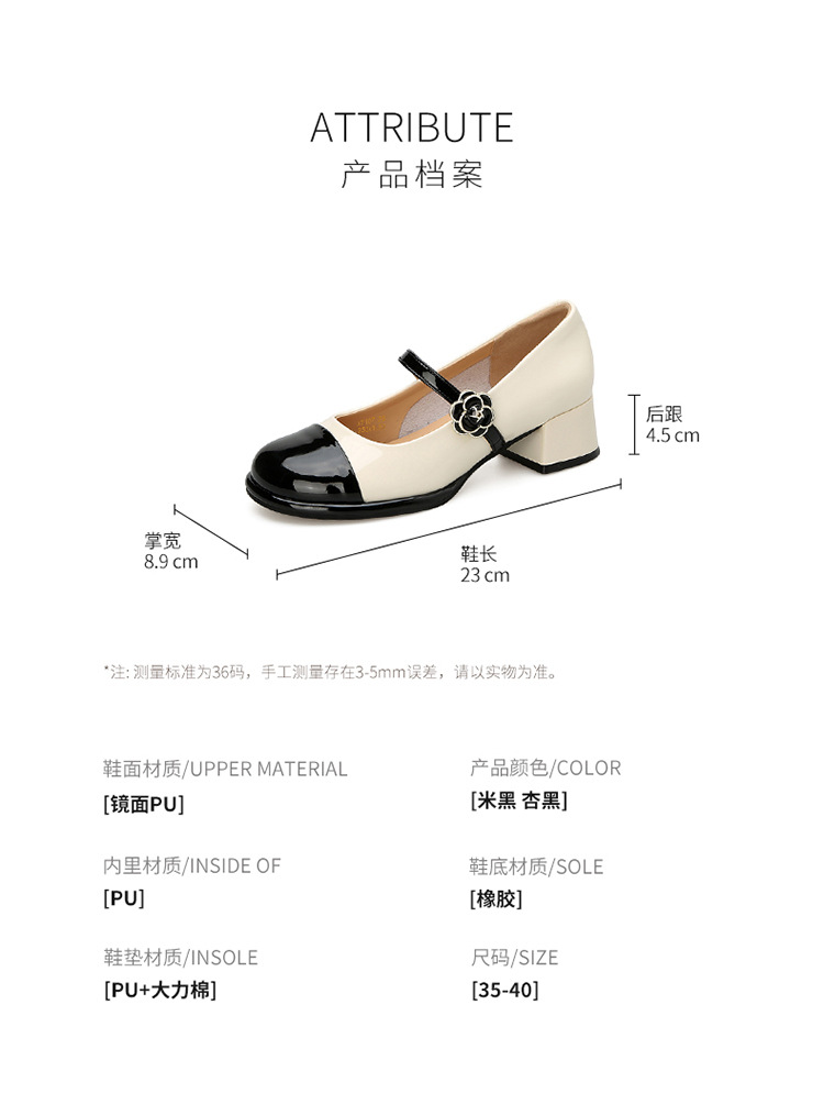 Giày Mary Jane nữ quai ngang cổ điển, gót vuông, mũi nhọn — AW107 mét Đen chi tiết 10