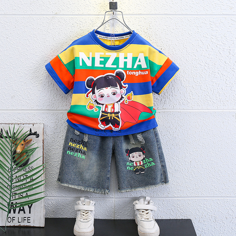 7235 Traje atractivo para niños Ropa Nezha de verano para niños 2025 nuevos pantalones cortos de mezclilla de dibujos animados de manga corta para bebés