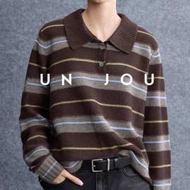 松弛老钱_时髦撞色条纹蓬松温暖羊绒羊毛POLO翻领长袖针织衫