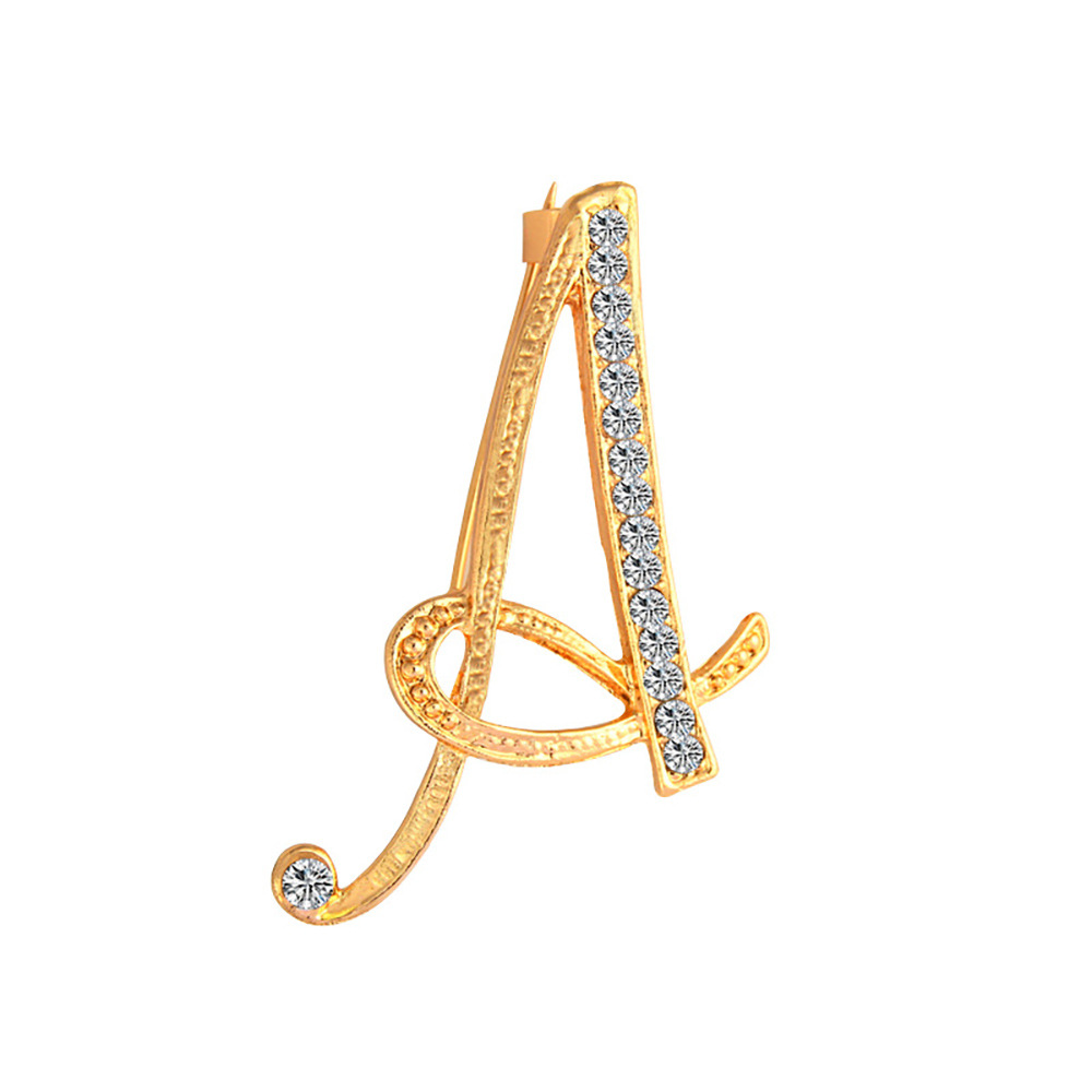 Eenvoudige Europese en Amerikaanse broche met 26 Engelse letters, bezet met diamanten, voor dames, geometrisch, modieus en elegant._voghion.com