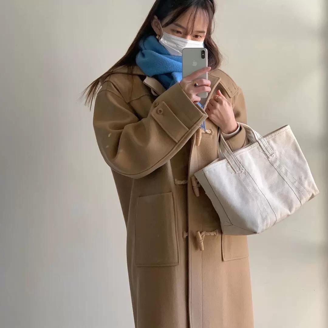 现货韩国学院风LER*BE美娜牛角扣同款连帽羊毛大衣118原版尺寸长