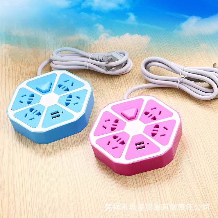 创意智能usb插座 家用六边形多功能办公插排圆形多孔接线拖线板