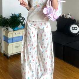 慵懒风设计感满印抽绳休闲裤女2025夏季新款高腰宽松拖地裤长裤子