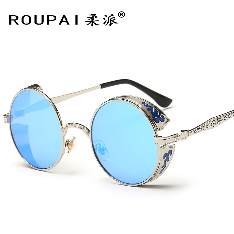 Gafas de Sol Retro Redondas al por Mayor de Fábrica, Gafas de Príncipe con Patrón Grabado, Gafas de Sol Reflectantes 881, Venta Directa
