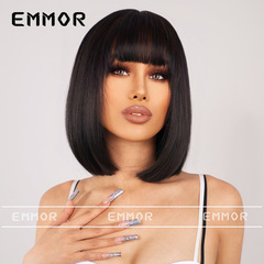 New Arrival European and American-Style Wig for Women: Natural Black Color, Perfect for Daily Wear—Features Curly Ends, a Straight Bangs Section, and a Chic Bob Cut Design