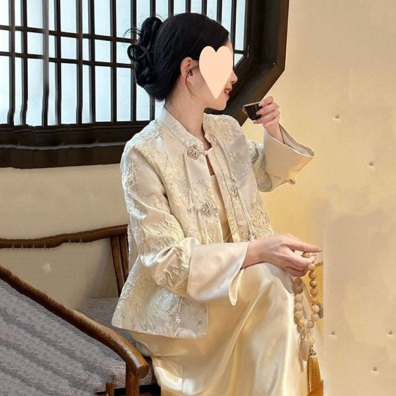 大码胖新中式国风唐装女轻奢高级感盘扣外套缎面裙两件套200斤|undefined