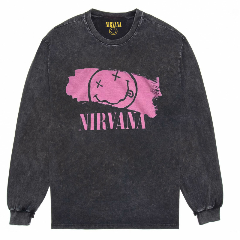 Nirvana Vintage American retro apenado rock punk angustiado lavado batik Camiseta de manga larga