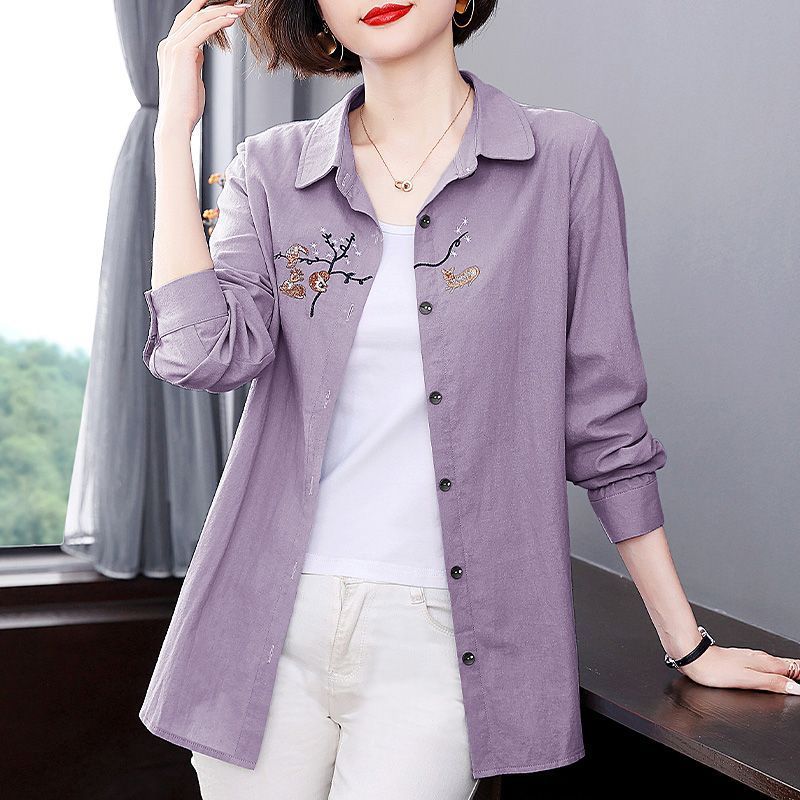 Cotton Shirt Women's 2022 Spring and Autumn New Mothers' Western Style Long Sleeve Top Large Size Mid-length Shirt Jacket