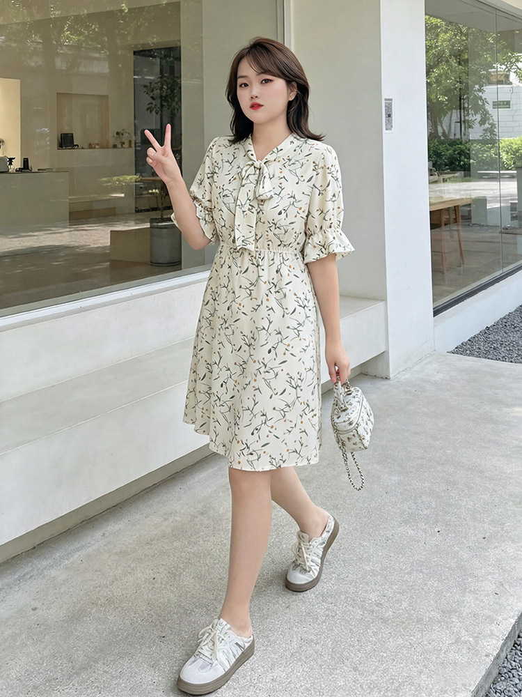 65-160kg Plus Size Women's Floral Dress for Spring and Summer, Slightly Chubby mm's Style, Five-Quarter Sleeves, V-Neck, Slimming Bow Tie Long Dress 65-160kg Plus Size Women's Floral Dress for Spring and Summer, Slightly Chubby mm's Style, Five-Quarter Sleeves, V-Neck, Slimming Bow Tie Long Dress