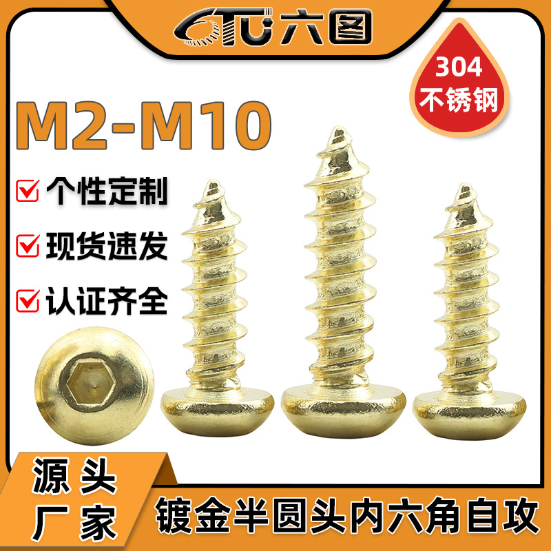 304不锈钢半圆头内六角自攻金色螺丝盘头内六角自功螺丝钉M2M3M4