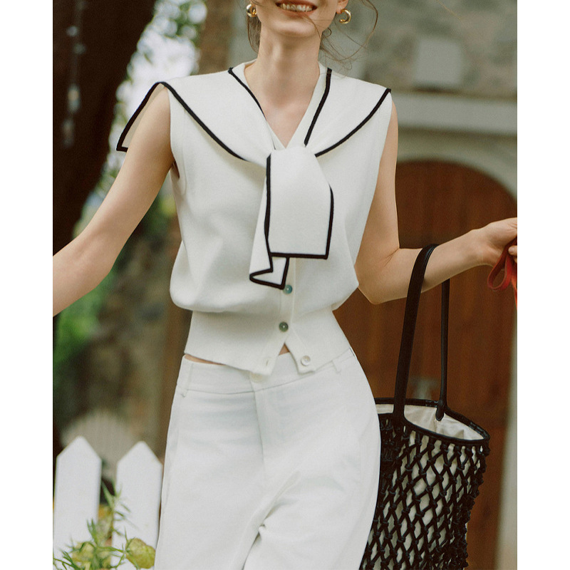 【Nautical Princess】Navy Collar Shawl Sleeveless Blouse for Women 2026 Spring New Design Knitwear 【Nautical Princess】Navy Collar Shawl Sleeveless Blouse for Women 2026 Spring New Design Knitwear