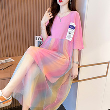 新款韩版2022夏季长款拼接网纱短袖t恤女裙学生时尚大码女装货源