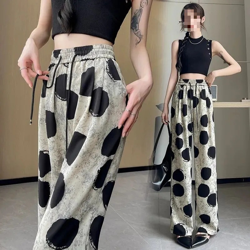 Customizable Processing with Embroidery and Printing, Fashionable Retro Polka Dot Wide-Leg Pants for Women, Summer Print 2025 Thin New Style Customizable Processing with Embroidery and Printing, Fashionable Retro Polka Dot Wide-Leg Pants for Women, Summer Print 2025 Thin New Style