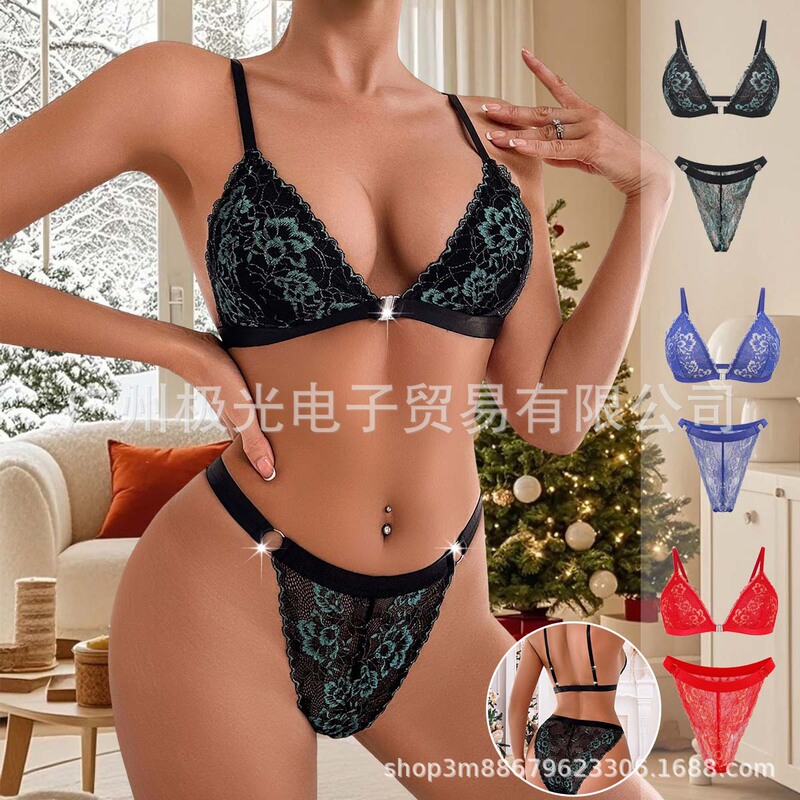 Popular Cross-Border Foreign Trade European and American Style Women's Lingerie Set with Triangle Cup, Lace Trim, Detachable and Adjustable Thin Straps, Low-Rise Panties