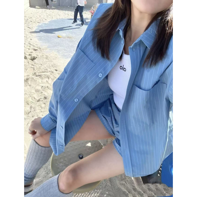 High-End Alo Pinstripe Loose Long-Sleeve Shirt Top + Wide-Leg Casual Elastic Waist Shorts Set for Women, Spring Outfit