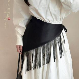 Skirt Waist Seal Skirt Women's Stacked Skirt with Skirt Fart Curtain Tassel Waist Belt Fashion Decoration Vintage Trendy Black