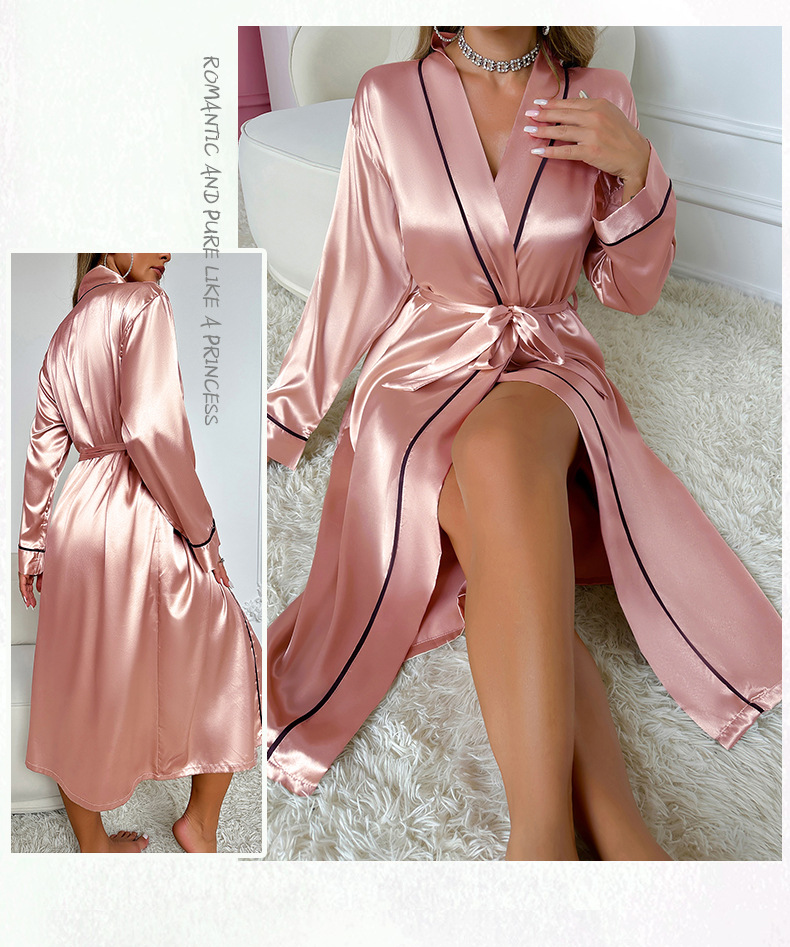 Camisola de seda feminina com decote em v e roupão curto_voghion.com