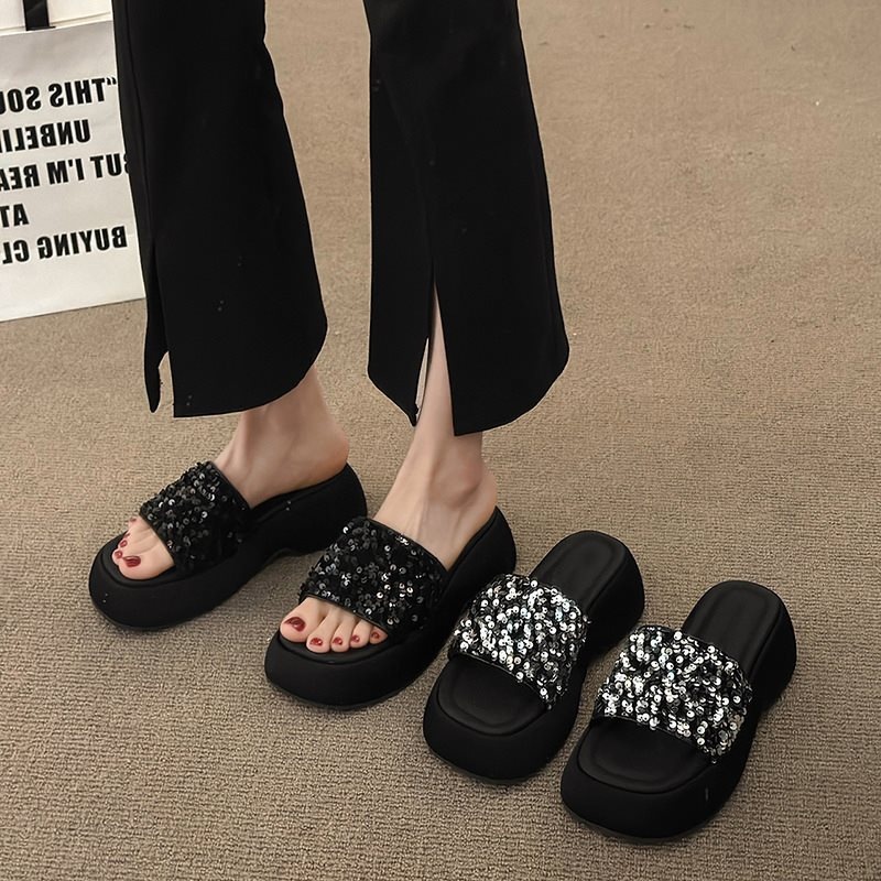 Zapatillas de muffin de diafragma sensitivas de verano para mujeres, una palabra para damas, sandalias de suela gruesa, zapatillas de medio frío, nuevo negro image 1