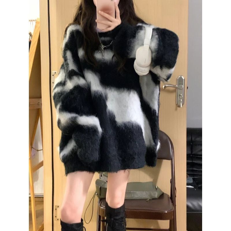 胖大碼300斤黑白水貂絨圓領套頭毛衣女秋冬寬鬆打底針織衫女
