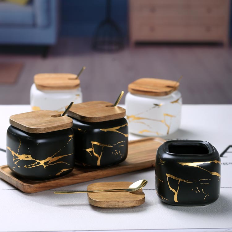 Ceramic seasoning jar imitation gold seasoning box stainless steel gold