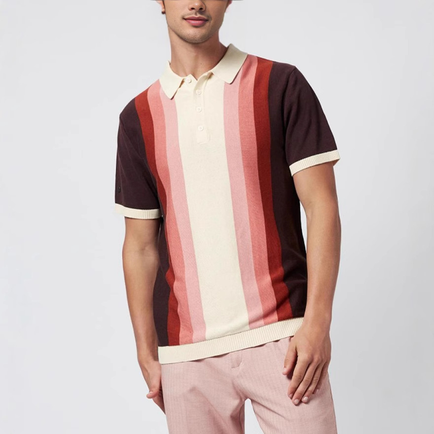 European and American Cross-Border Wish Export Spring and Summer Casual Multi-Color Vertical Strip Stand Collar Knitted Top Men's Polo Shirt Bk0056