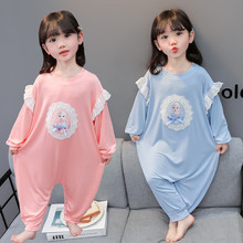 儿童连体睡衣婴儿睡袋春季莫代尔薄款女童艾莎公主宝宝花边家居服