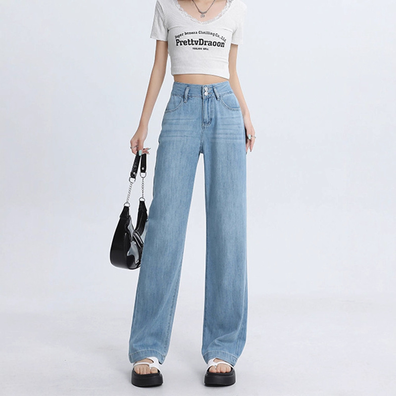 Tencel Lyocell Denim Wide-Leg Pants for Women High-Waisted Double-Button Slimming Look Draped Thin 2025 Summer Loose Straight Pants Tencel Lyocell Denim Wide-Leg Pants for Women High-Waisted Double-Button Slimming Look Draped Thin 2025 Summer Loose Straight Pants