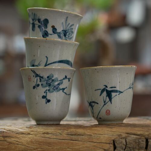 Yi purple pottery tea set, rough pottery tea cup, hand-painted tea cup, four gentlemen incense cup, ancient pottery small tea bowl