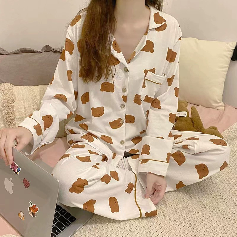 Long‑sleeve pajama cardigan, women’s cartoon print loungewear, relaxed fit, sizes M–XXL