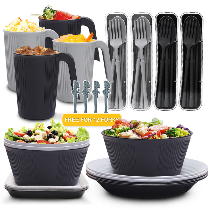 Cross-border wheat straw tableware suit household vertical pattern Bowl Cup plate portable tableware salad bowl pasta plate