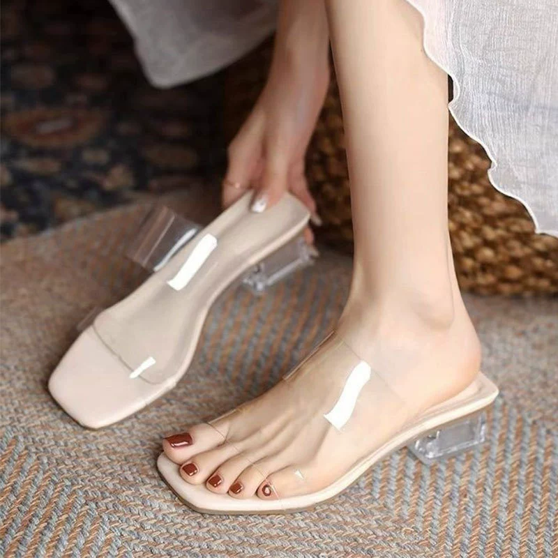 Женские босоножки на низком каблуке с прозрачными ремешками, новинка 2025 года, интернет-хит, модные босоножки на толстом каблуке с кристаллами