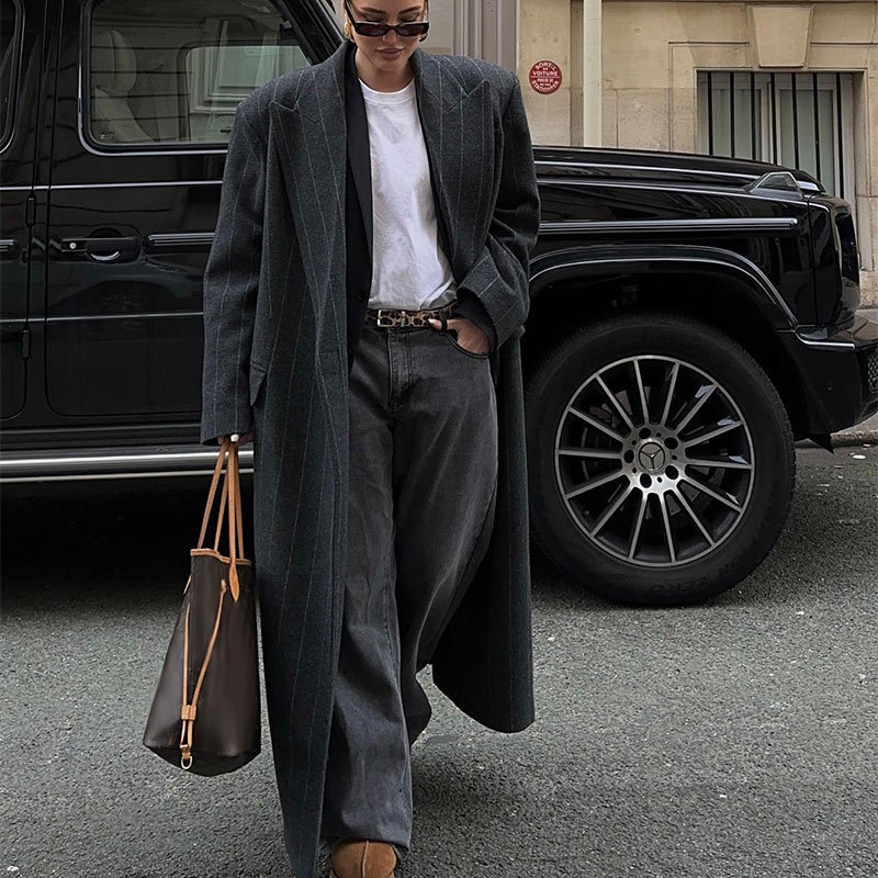 Lapel Striped Long Jacket Coat Coat Coat Coat Coat Coat 2024 European and American Cross-border Fashion Women's Elegant Elegant commuter Wear
