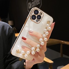 トレンドブランドのApple 16用スマホケース、女性向けシリコン製14フルカバー、iPhone 17 Pro Max用クリエイティブ15パールブレスレット付き