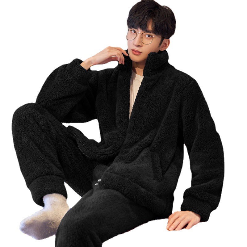 푹신한 남성용 겨울 파자마, 야외에서도 착용 가능한 푹신한 산호벨벳 따뜻한 가디건 지퍼 플란넬 홈웨어 세트
