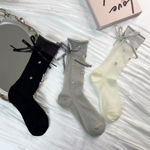 New Arrival Bow Middle Tube Thin Stacking Socks Rhinestone Silver Silk Bright Diamond Princess Explosive Socks Women Ins Fairy Socks