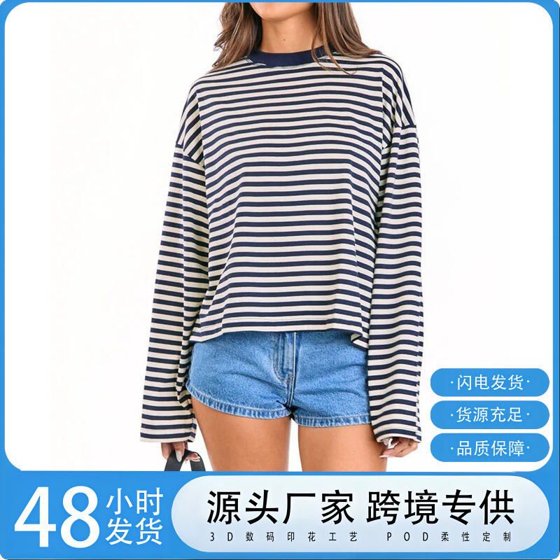 2026 Amazon New Striped Long Sleeve T-Shirt for Women, Loose Fit, Round Neck, Color-Block Base Shirt, Spring and Autumn Casual Top 2026 Amazon New Striped Long Sleeve T-Shirt for Women, Loose Fit, Round Neck, Color-Block Base Shirt, Spring and Autumn Casual Top